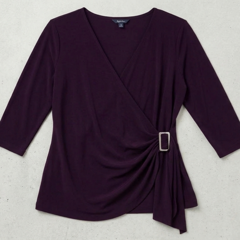 Reitmans XL Purple Faux Wrap Top Rectangular Ring Side Drape 3/4 Sleeve Blouse